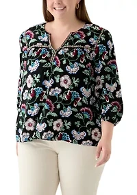 Plus 3/4 Sleeve Split Neck Top