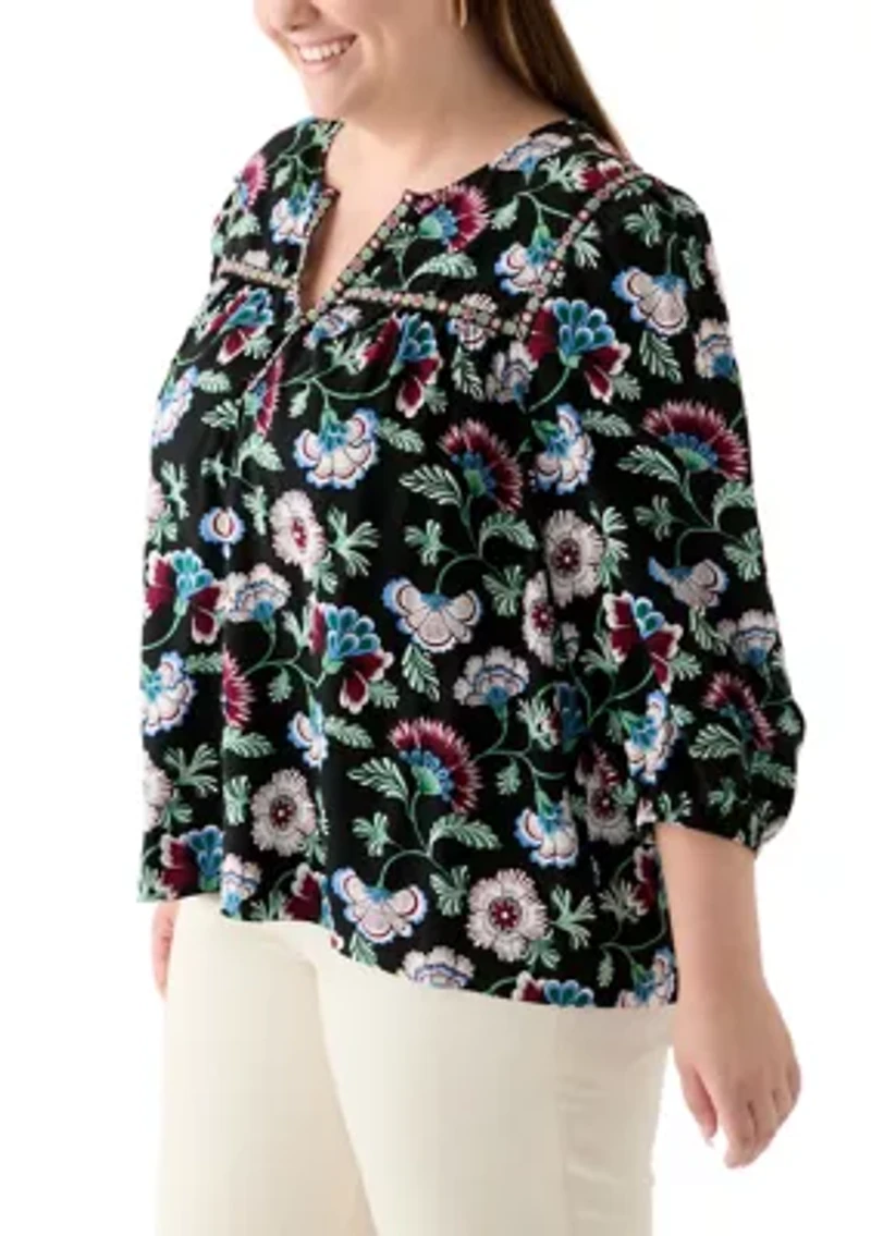 Plus 3/4 Sleeve Split Neck Top