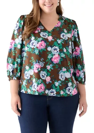 Plus 3/4 Puff Sleeve Printed Shirred Shoulder Peasant Top