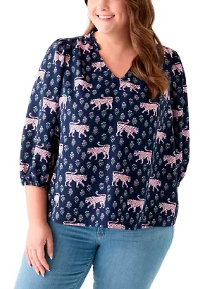 Plus 3/4 Puff Sleeve Printed Shirred Shoulder Peasant Top