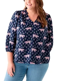 Plus 3/4 Puff Sleeve Printed Shirred Shoulder Peasant Top