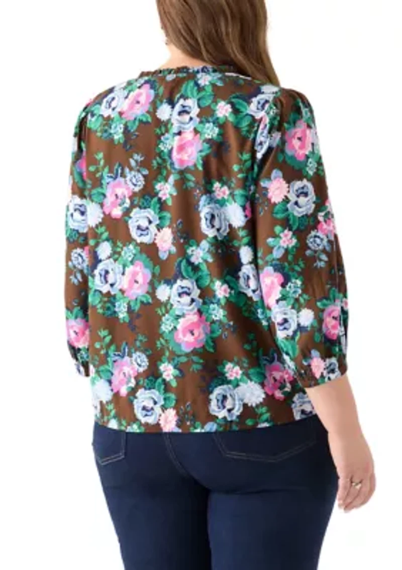 Plus 3/4 Puff Sleeve Printed Shirred Shoulder Peasant Top