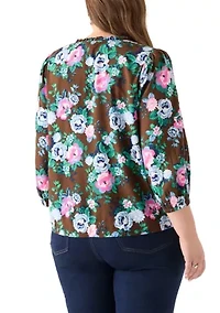 Plus 3/4 Puff Sleeve Printed Shirred Shoulder Peasant Top