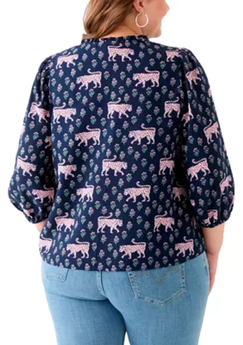 Plus 3/4 Puff Sleeve Printed Shirred Shoulder Peasant Top