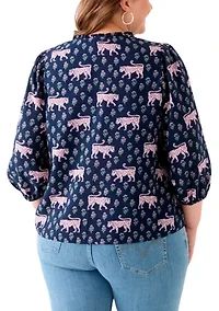 Plus 3/4 Puff Sleeve Printed Shirred Shoulder Peasant Top