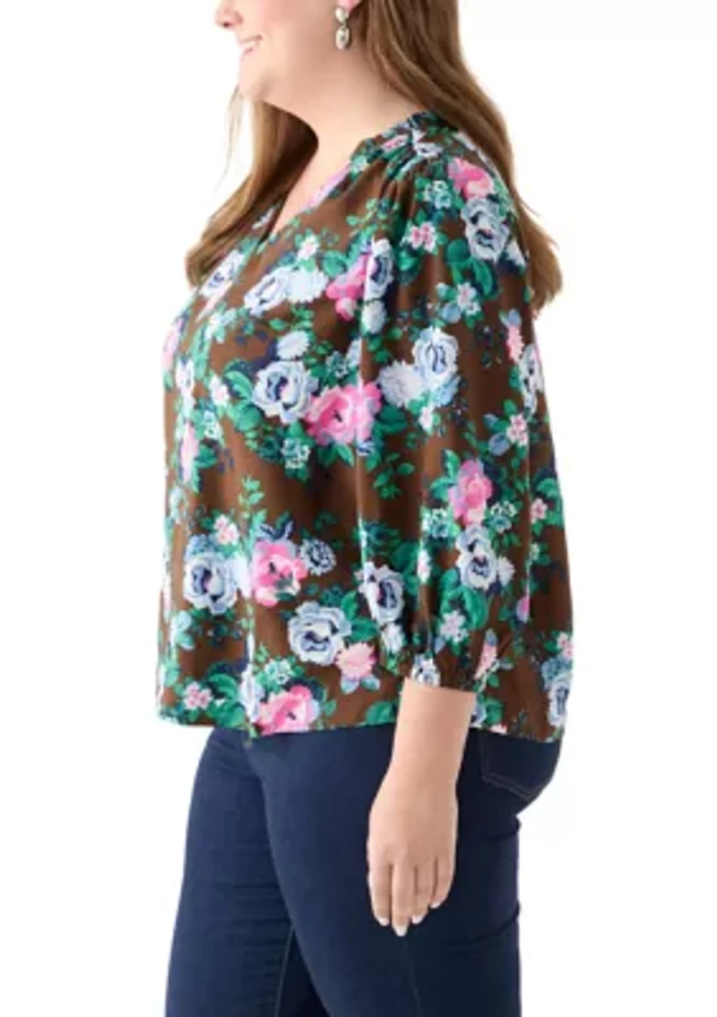 Plus 3/4 Puff Sleeve Printed Shirred Shoulder Peasant Top
