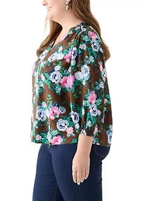 Plus 3/4 Puff Sleeve Printed Shirred Shoulder Peasant Top