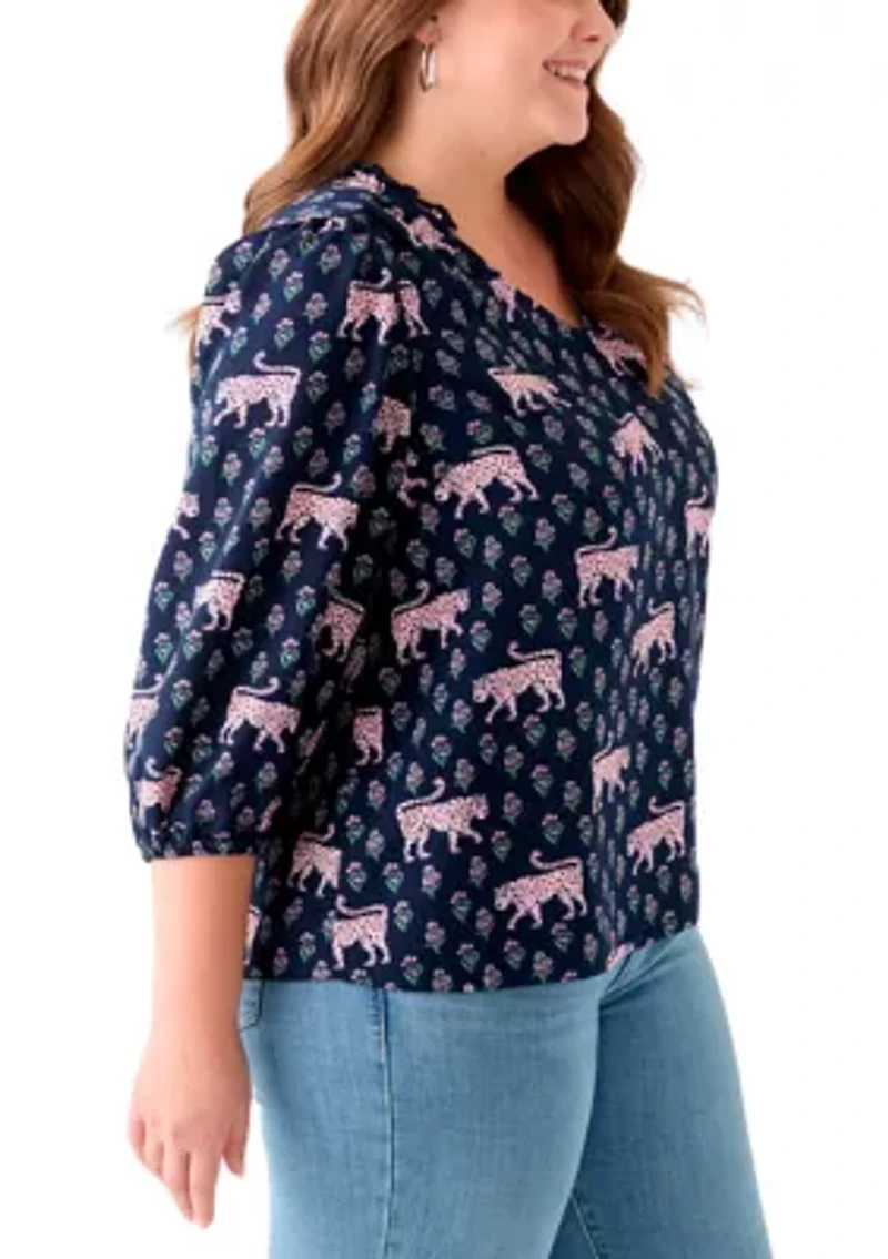 Plus 3/4 Puff Sleeve Printed Shirred Shoulder Peasant Top