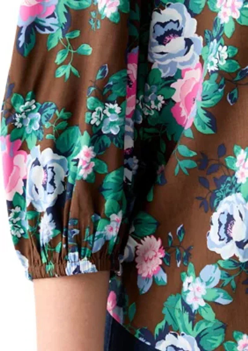 Plus 3/4 Puff Sleeve Printed Shirred Shoulder Peasant Top