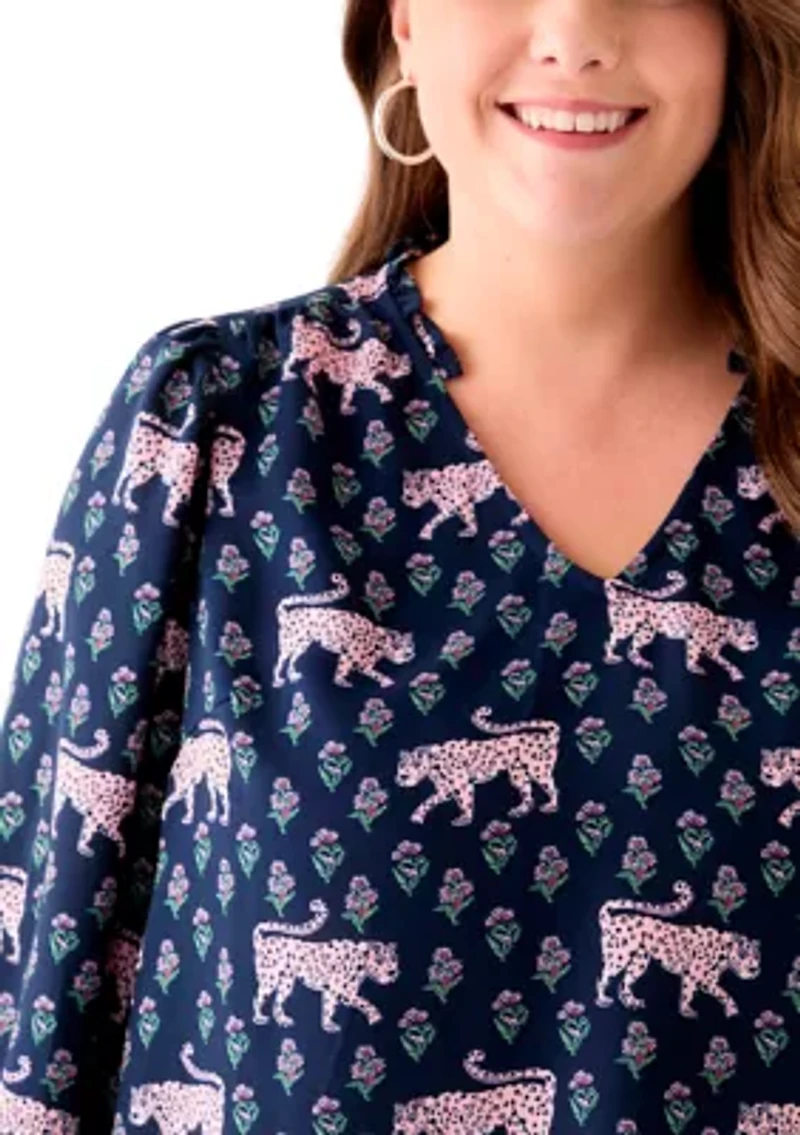 Plus 3/4 Puff Sleeve Printed Shirred Shoulder Peasant Top