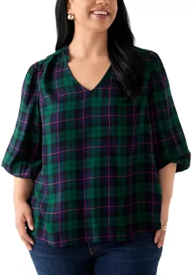 Plus Three-Quarter Sleeve Shirred Shoulder Shirt