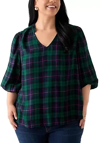 Plus Three-Quarter Sleeve Shirred Shoulder Shirt