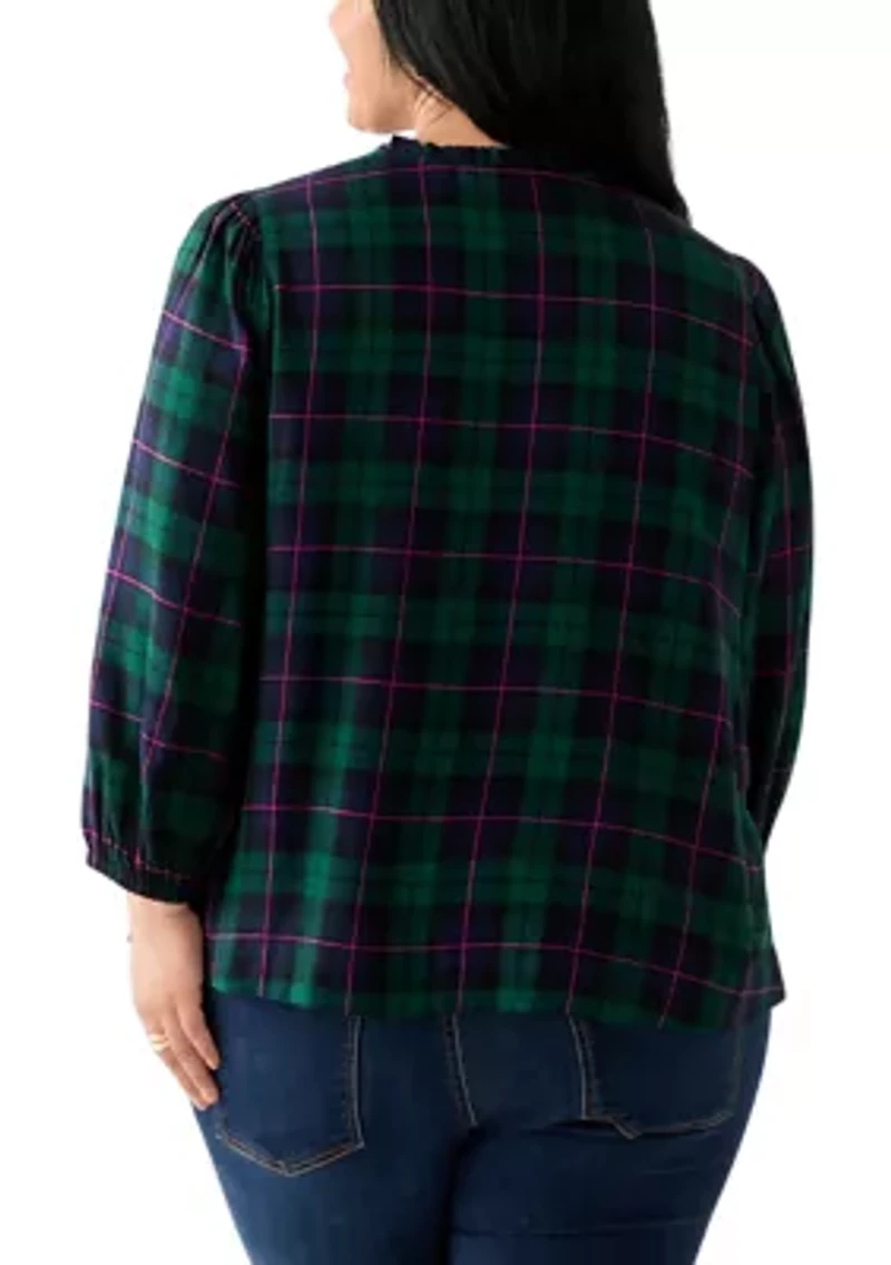 Plus Three-Quarter Sleeve Shirred Shoulder Shirt