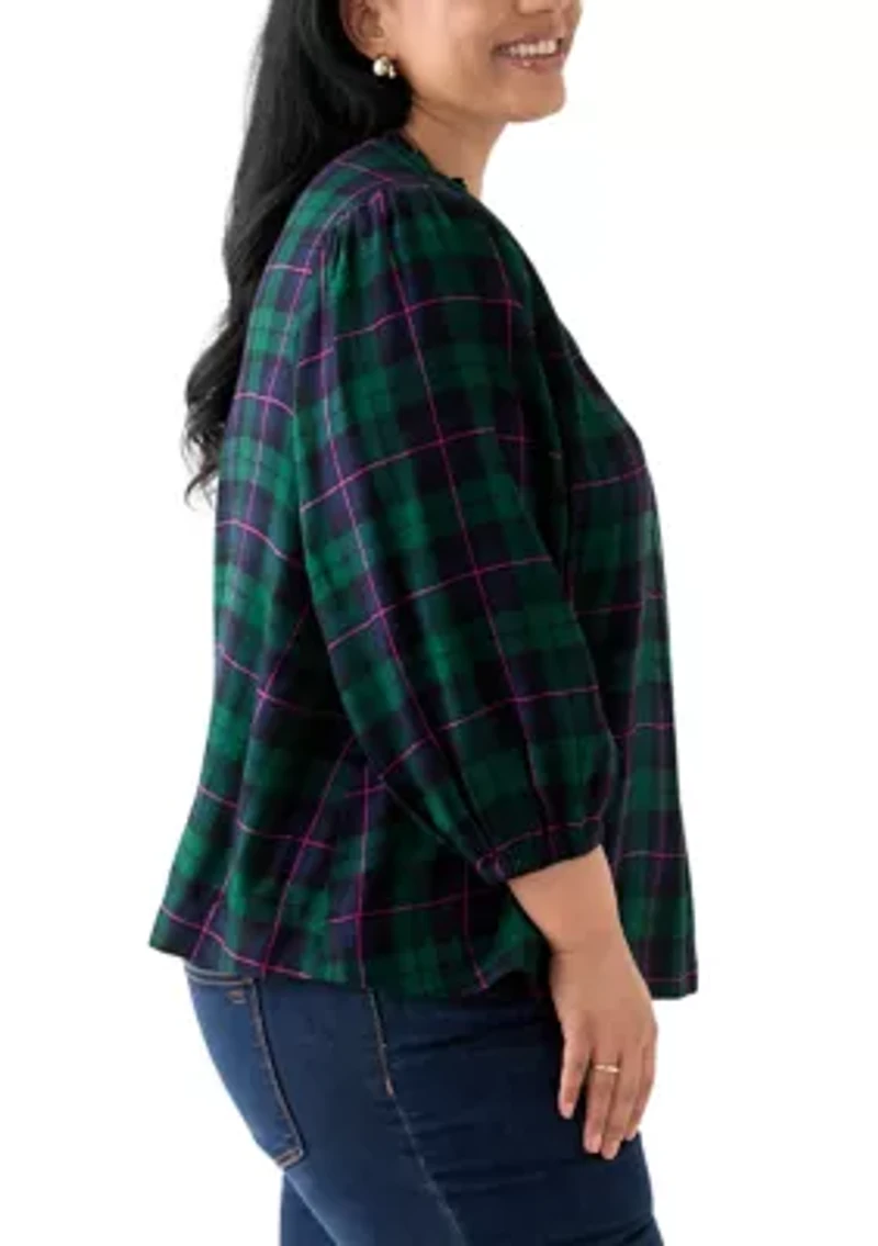 Plus Three-Quarter Sleeve Shirred Shoulder Shirt