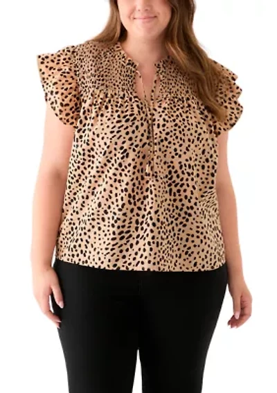Plus Printed Split Neck Top