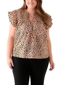 Plus Printed Split Neck Top