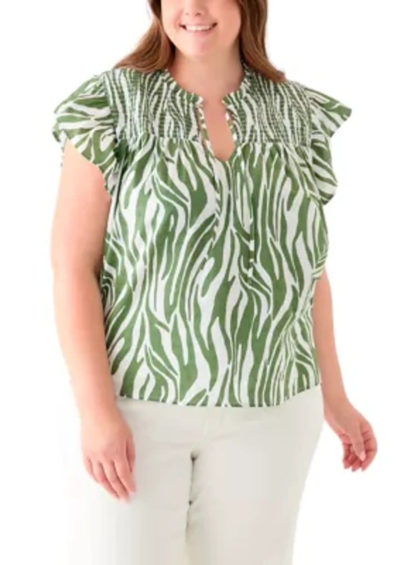 Plus Printed Split Neck Top