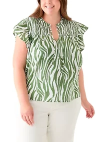 Plus Printed Split Neck Top