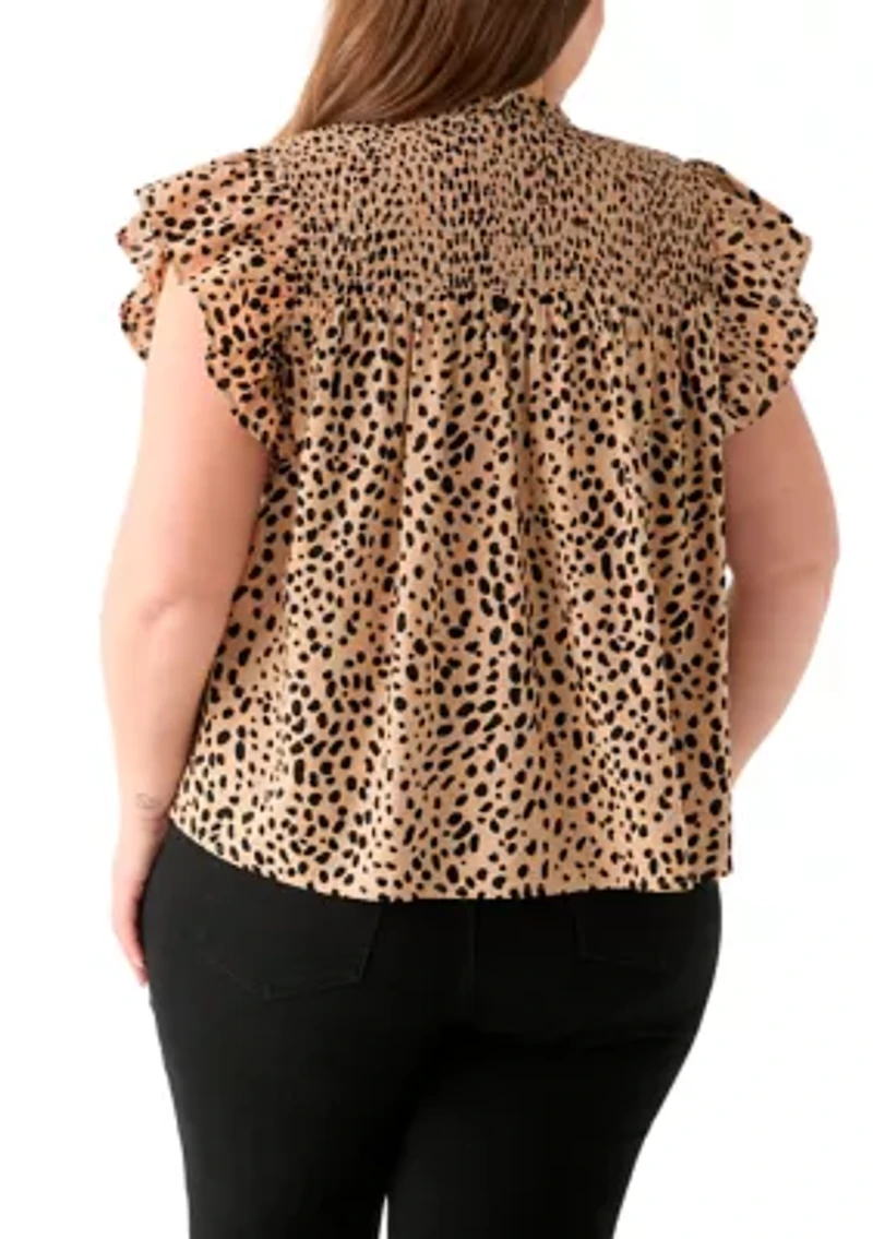 Plus Printed Split Neck Top
