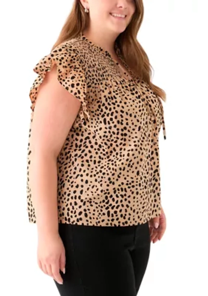 Plus Printed Split Neck Top