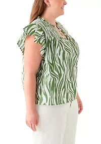 Plus Printed Split Neck Top