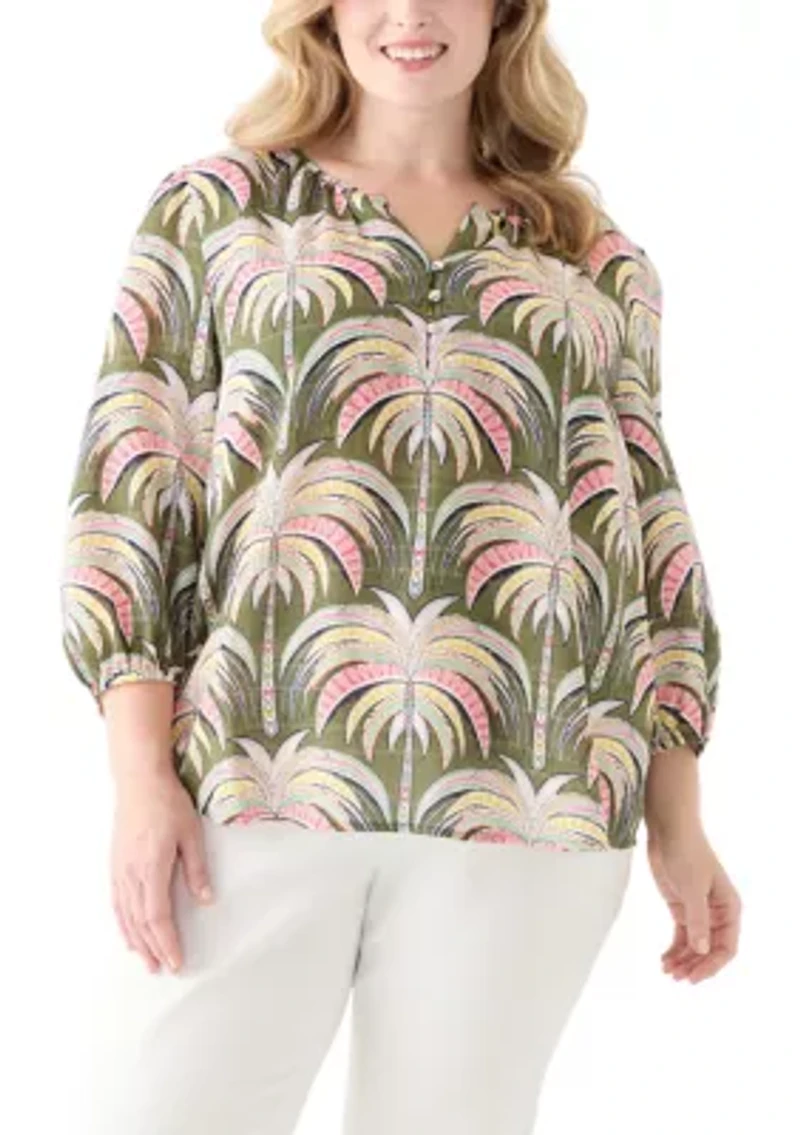 Plus 3/4 Sleeve Button Front Printed Peasant Top