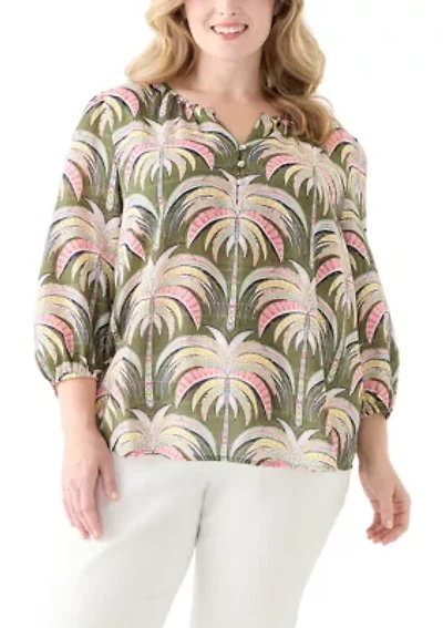 Plus 3/4 Sleeve Button Front Printed Peasant Top