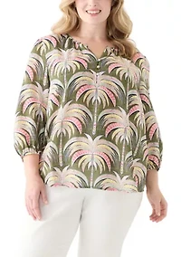 Plus 3/4 Sleeve Button Front Printed Peasant Top
