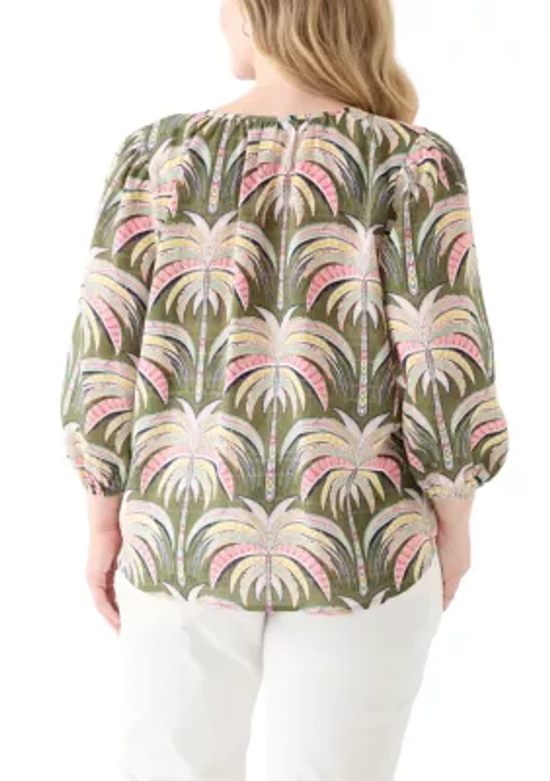 Plus 3/4 Sleeve Button Front Printed Peasant Top
