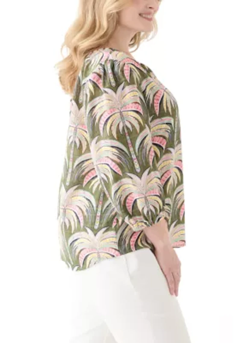 Plus 3/4 Sleeve Button Front Printed Peasant Top