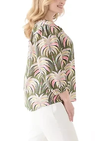 Plus 3/4 Sleeve Button Front Printed Peasant Top