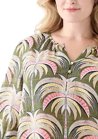 Plus 3/4 Sleeve Button Front Printed Peasant Top