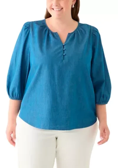 Plus Button Front Peasant Top