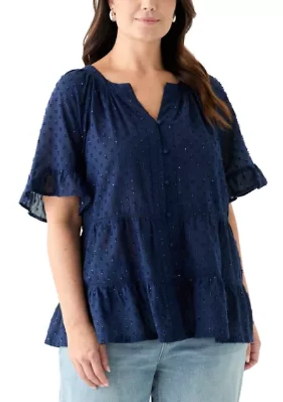 Plus Bell Sleeve Button Front Woven Blouse