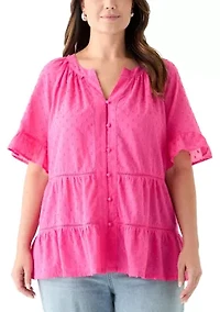 Plus Bell Sleeve Button Front Woven Blouse