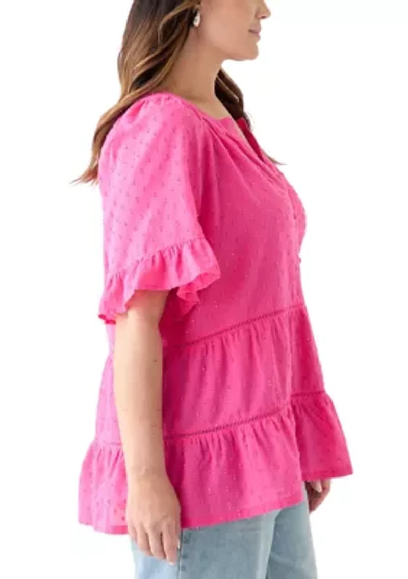 Plus Bell Sleeve Button Front Woven Blouse