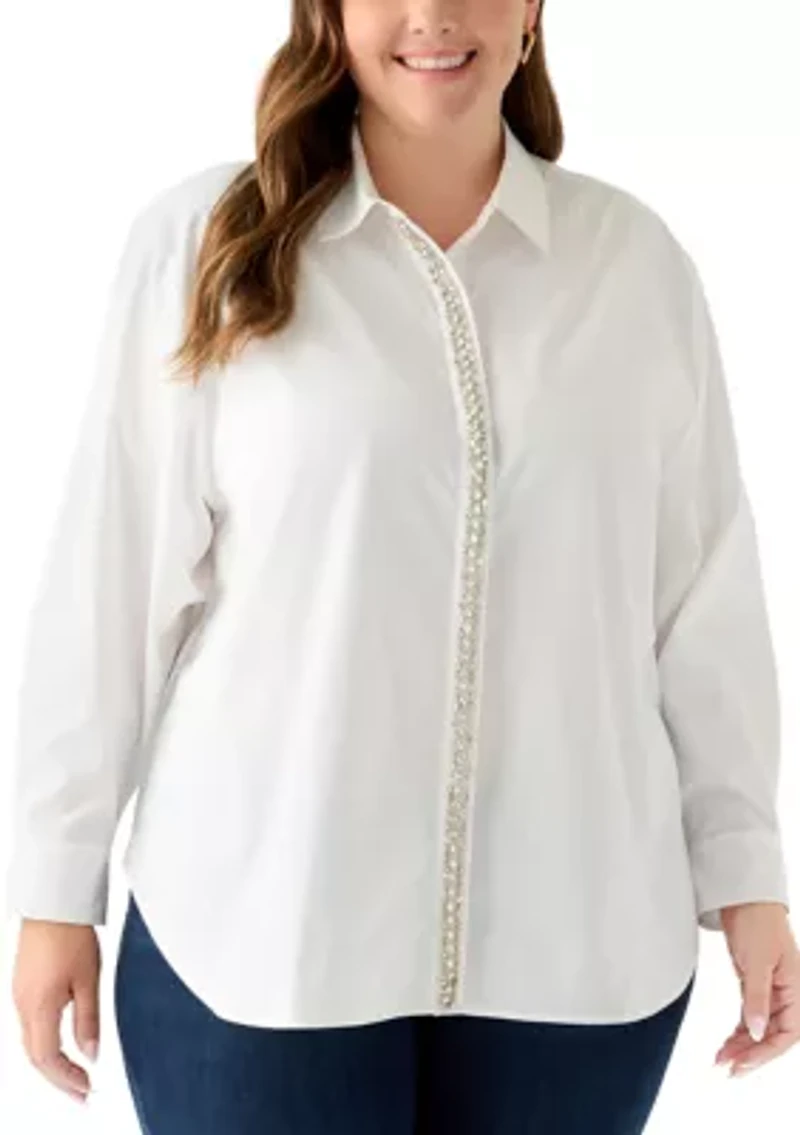 Plus Embellished Button Front Top