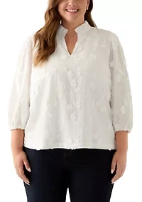 Plus 3/4 Sleeve Ruffle Neck Blouse