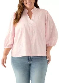 Plus 3/4 Sleeve Ruffle Neck Blouse