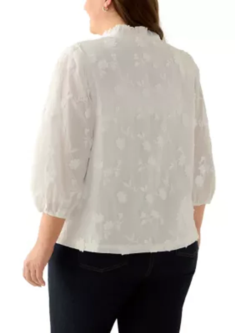 Plus 3/4 Sleeve Ruffle Neck Blouse