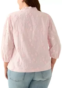 Plus 3/4 Sleeve Ruffle Neck Blouse