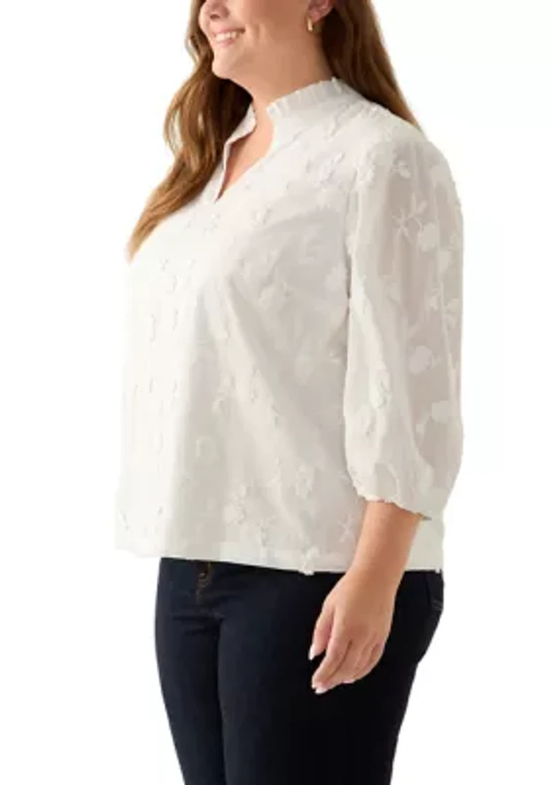 Plus 3/4 Sleeve Ruffle Neck Blouse