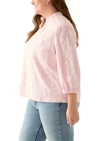 Plus 3/4 Sleeve Ruffle Neck Blouse