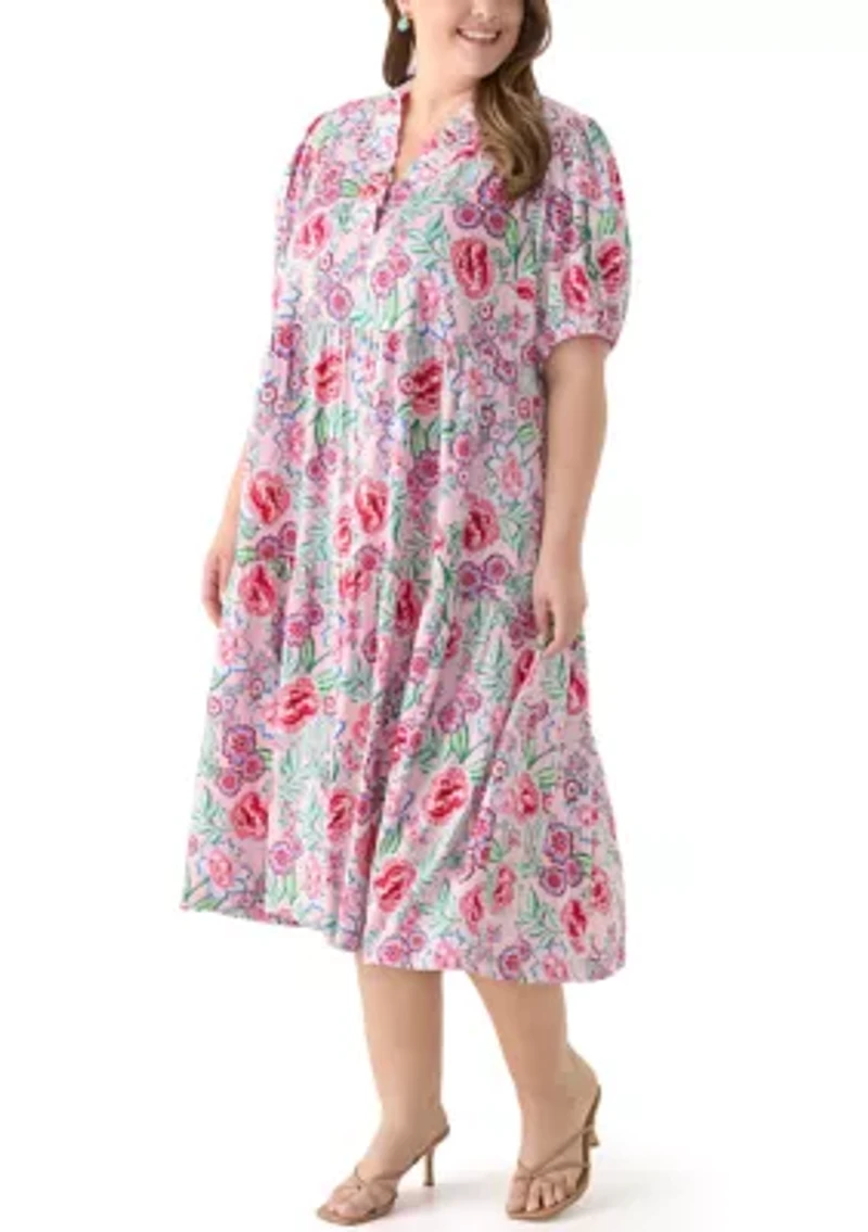 Plus Short Sleeve Ruffle Neck Printed Midi Dress