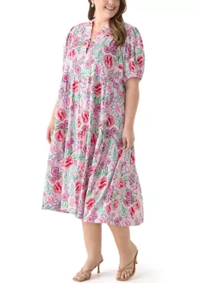 Plus Short Sleeve Ruffle Neck Printed Midi Dress