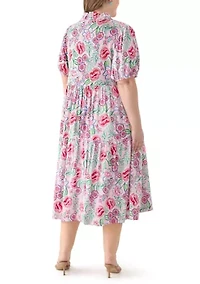 Plus Short Sleeve Ruffle Neck Printed Midi Dress