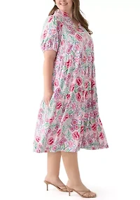 Plus Short Sleeve Ruffle Neck Printed Midi Dress
