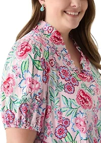 Plus Short Sleeve Ruffle Neck Printed Midi Dress