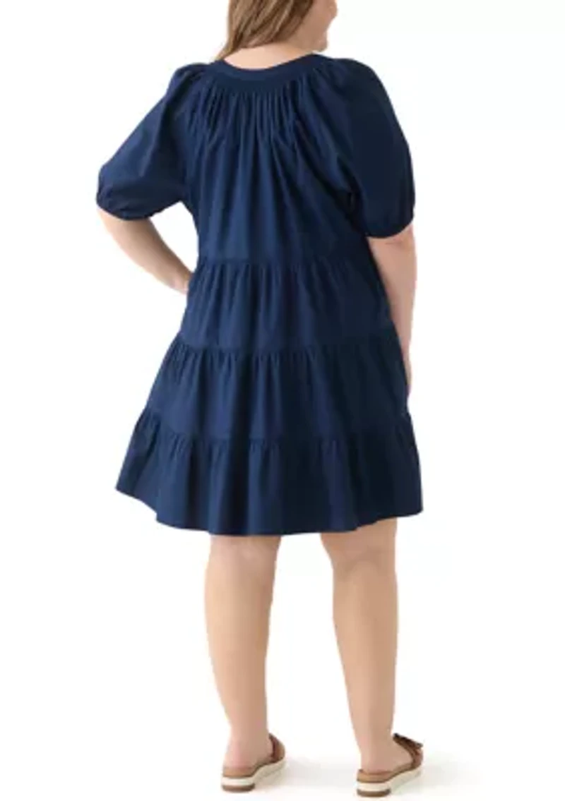 Plus Short Sleeve Solid Peasant Dress
