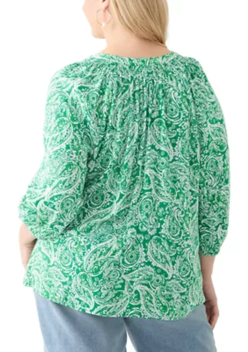 Plus 3/4 Sleeve Printed Peasant Top